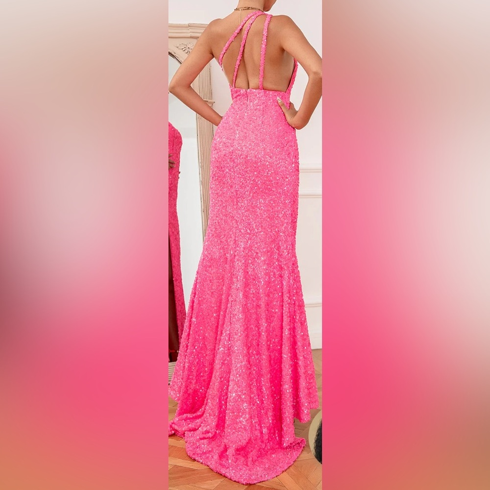 Pink Sequin Backless Halter Gown